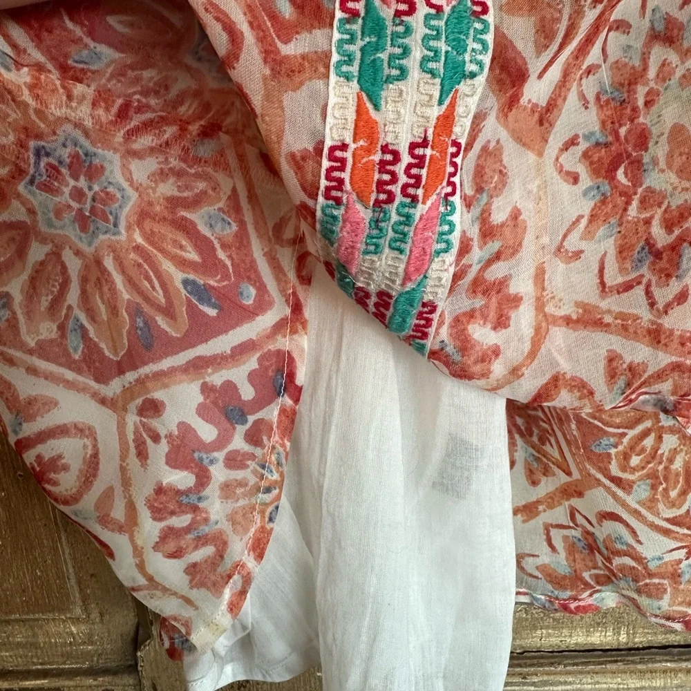 Tolani Pink, Peach & Orange Flowy Blouse with puff 3/4 Sleeves - Picture 7 of 7